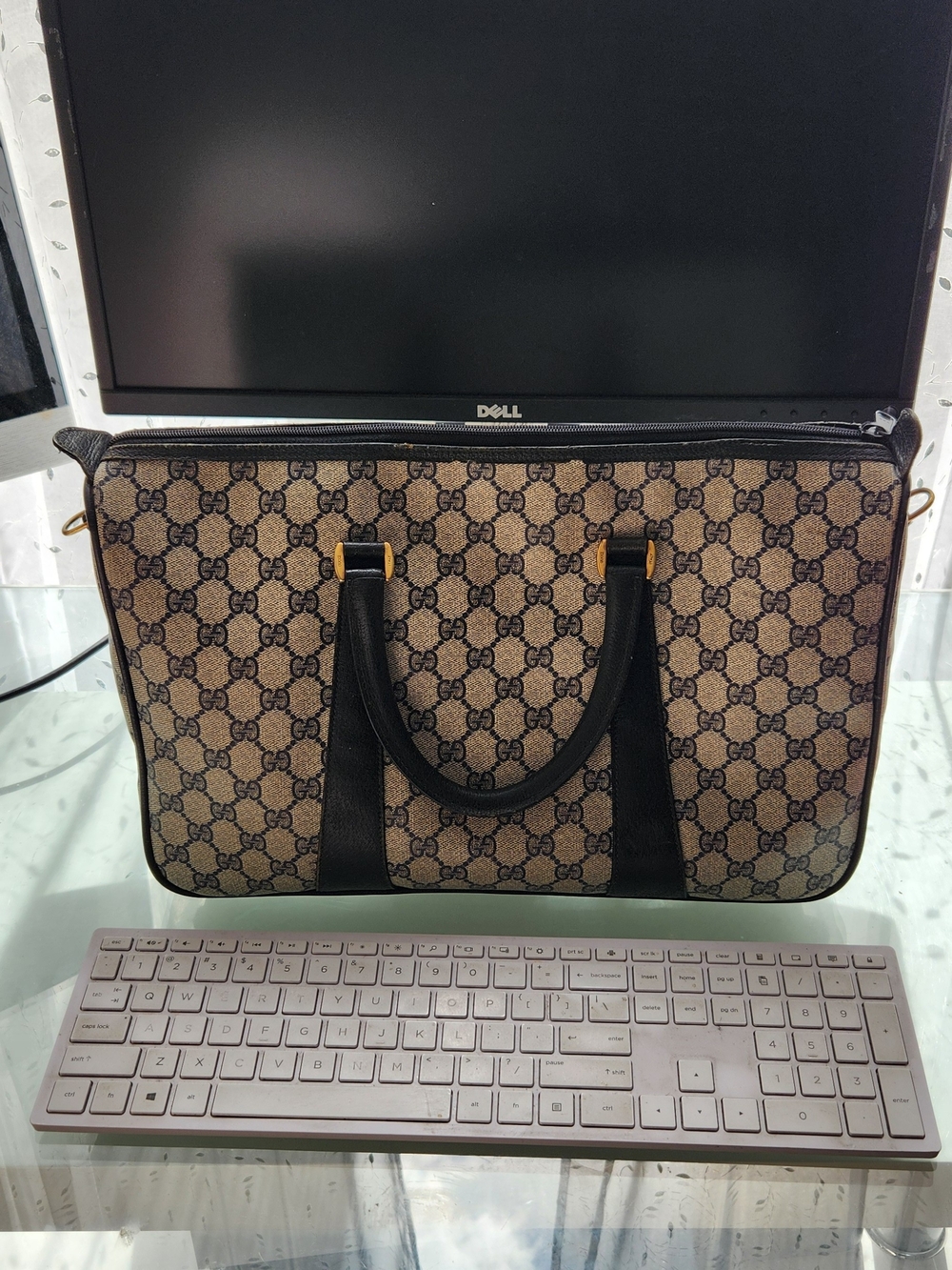 Gucci Beige GG Canvas Tote Bag with Black Trim